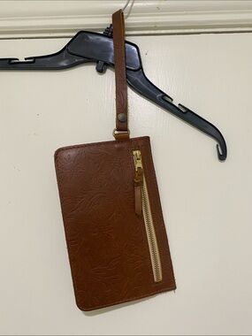 Portland Leather Goods Embossed Brown Leather Wristlet Wallet with Zip Pocket